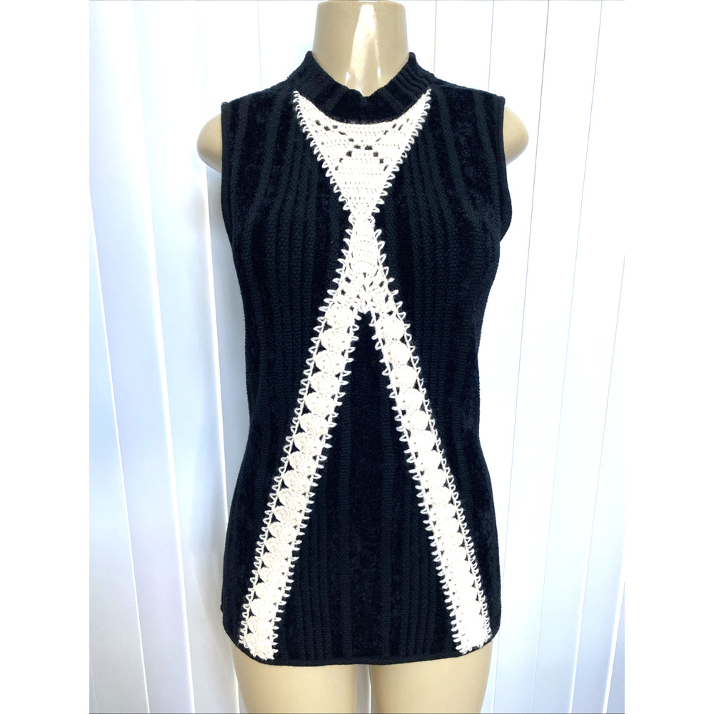 Thakoon Collective Crochet Sleeveless Sweater Top Knit Black Cream Velve… - Picture 2 of 10